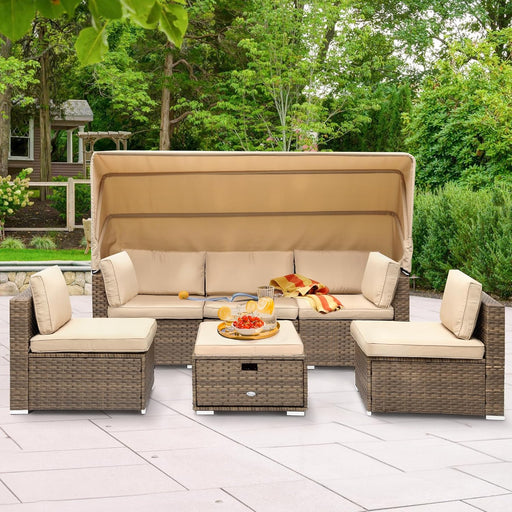 Outdoor Patio Wicker Daybed Furniture Set with Retractable Canopy, Storable Side Table, and Soft Cushions for Relaxing in Your Backyard or Porch, Light Brown and Beige