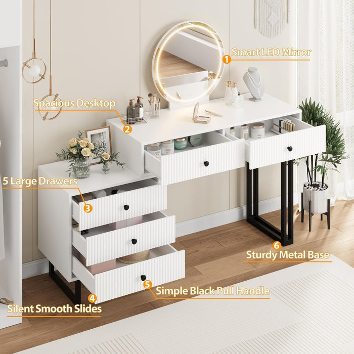 Vanity Desk with Mirror and Lights, 49.2”H Makeup Vanity with 3 Color Lights and Adjustable Brightness, Bedroom Vanity Table with 5 Drawers, White