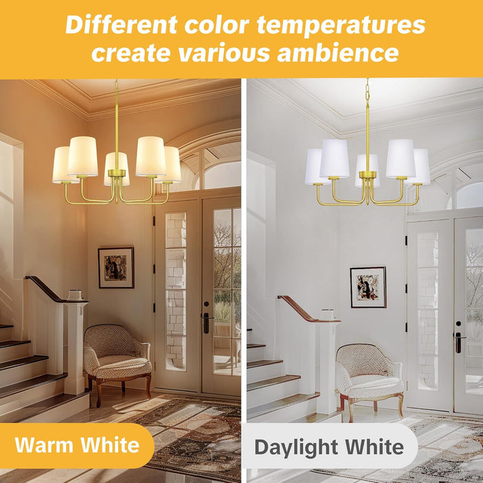 Farmhouse Chandelier, 5-Light Gold Chandelier with White Fabric Shade, Height Adjustable Modern Dining Room Light Fixture with E26 Base for Bedroom Foyer Hallway Entryway Kitchen Living Room