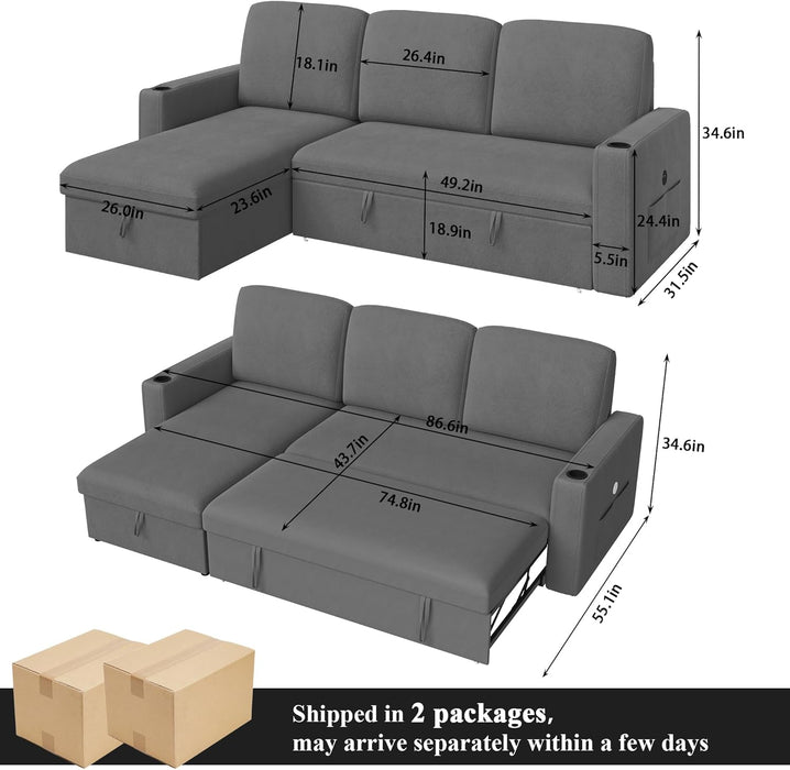 87Inch MultiFunctional Velvet Sleeper Sofa With Storage