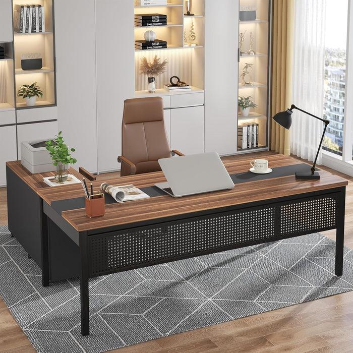 70.8" Large Executive Office Desk and 47" Lateral File Cabinet Combo, L-Shaped Computer Desk 2 Piece Business Furniture with Drawers and Shelves, Home Office Workstation, Walnut