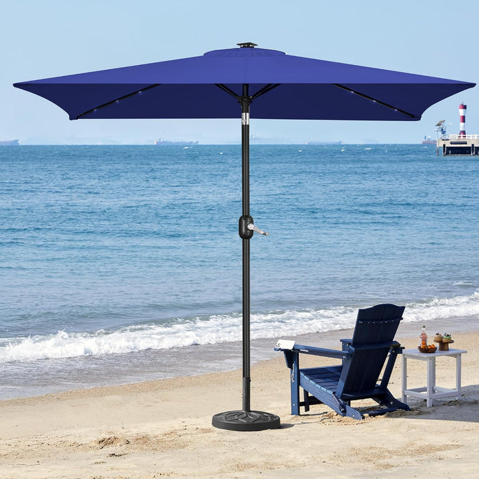 6.5X10Ft Rectangular Patio Umbrella Solar Powered Outdoor Table Market Umbrella with LED Lights & Push Button Tilt & Easy Crank for Garden/Lawn/Beach/Pool/Deck Navy Blue