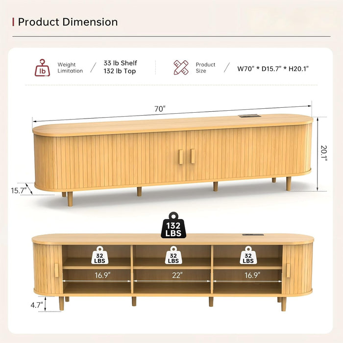 70" Mid Century Modern TV Stand, Wood TV Consoles with Sliding Doors and Power Outlet, Entertainment Center with Adjustable Shelves, Fluted TV Stands for Living Room, Oak