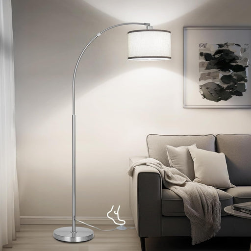 Silver Arc Floor Lamp for Living Room, Modern Standing Lamp with Adjustable Head Tall Pole Lamp with On/Off Pedal Switch over Couch Arched Tall Standing Light for Reading Bedroom 8W LED Bulb Included