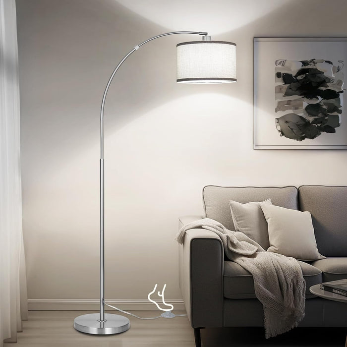 Silver Arc Floor Lamp for Living Room, Modern Standing Lamp with Adjustable Head Tall Pole Lamp with On/Off Pedal Switch over Couch Arched Tall Standing Light for Reading Bedroom 8W LED Bulb Included