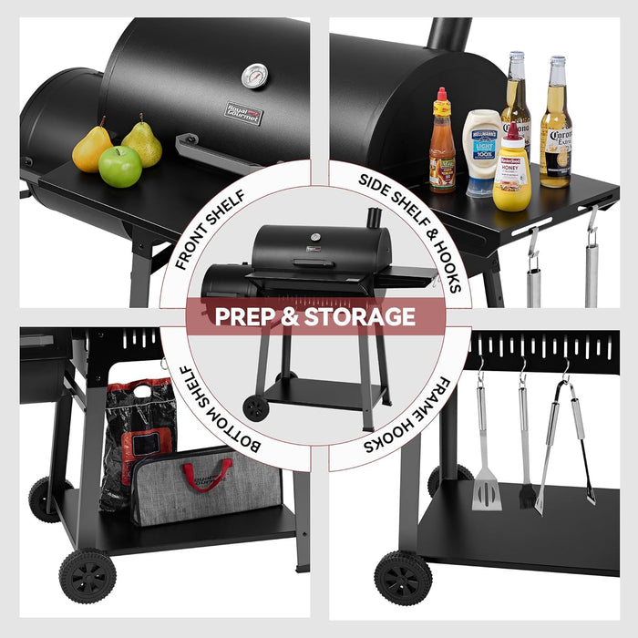 Barrel Charcoal Grill with Offset Smoker, 824 Sq. In. Cooking Area,Frame Tool Hooks, Bottom Shelf, Blow-Molded Wheels, Outdoor Charcoal Grill for Backyard Cooking, Black, CC1831S-SC