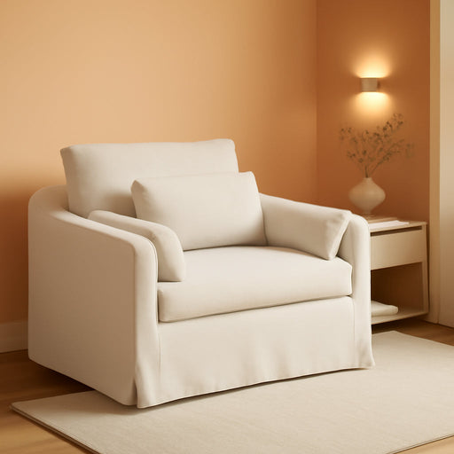 Oversized Accent Chair, 42 Inch Wide Slipcovered Sofa Chair with 3 Throw Pillows, Comfy Reading Chair, Deep Seat Armchair W/Sloped Arms, Modern Single Couch for Living Room, Apartment, Beige