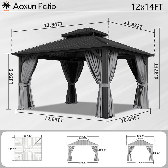 12'X14' Hardtop Gazebo, Aluminum Frame Canopy with Double Galvanized Steel Roof, Outdoor Metal Pavilion with Curtains, Netting for Patio, Deck and Backyard