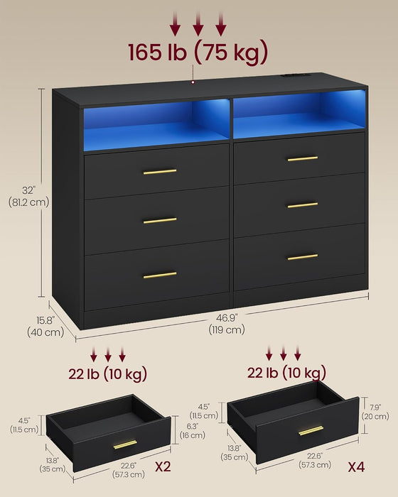 Dresser for Bedroom, with LED Lights and Power Strip, 6 Drawers