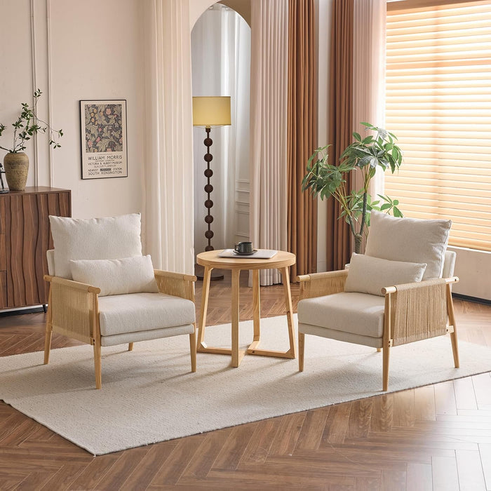 Beige Chenille Modern Armchair Featuring Lumbar Pillow