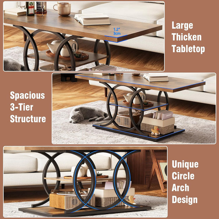Rustic Coffee Table with Storage Industrial 3 Tier Center Living Room Table Farmhouse Wooden Rectangle Cocktail Tea Table for Office Bedroom Elegant Full Moon round Metal Frame (Brown, L-47)