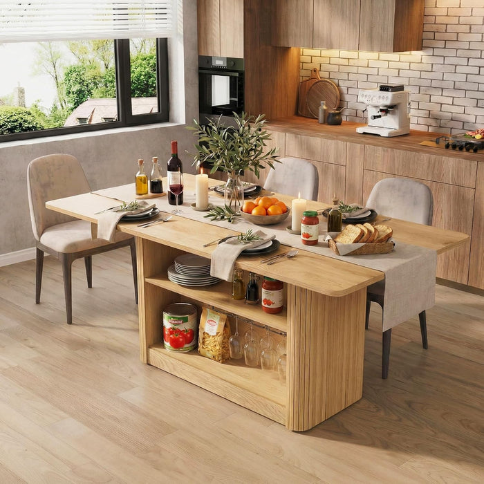 63" Dining Table with Storage, Farmhouse Rectangular Kitchen Table | Fluted Kitchen Table for 6-8 with 2-Tier Storage Shelf, Farmhouse Wood Table