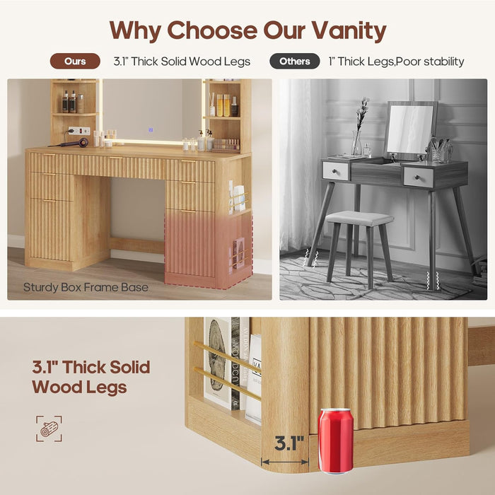 51.2" Fluted Makeup Vanity Desk with Large 30.3" Mirror and Lights, 5 Drawer Vanity with Power Strip, 6 Open Shelves, 2 Cabinet，Modern Dressing Table with Solid Wood Legs for Bedroom, Oak