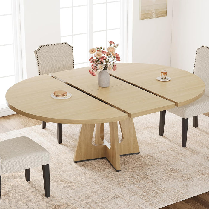 47"-63" Extendable round Dining Table for 4-8 (Tableonly)Naturalwood | Oval Dinner Table with Wooden Cross Pedestal Base, Farmhouse Kitchen Circle Furniture for Dining Room, Living Room, Kitchen