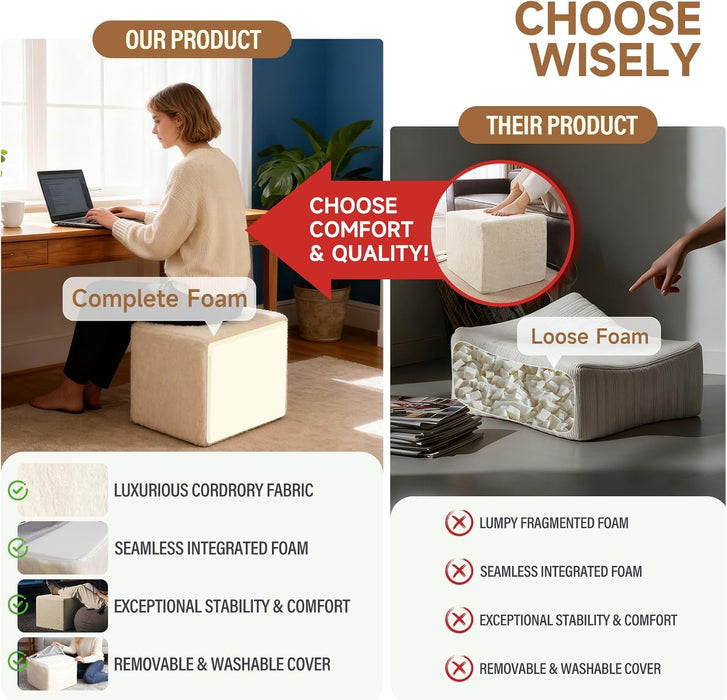 Square Stuffed Pouf Ottoman, Plush Poufs with Foam Chunk Filling, Foot Rest Stool for Living Room, Cream