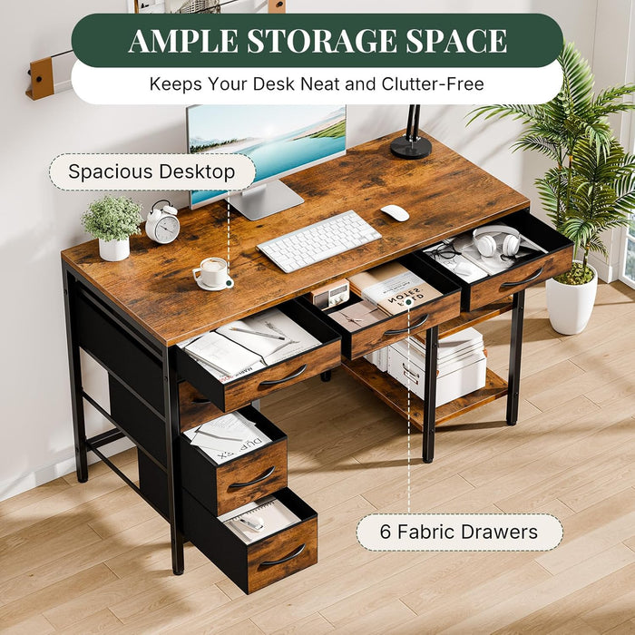 47" Computer Desk with 6 Drawers, Home Office Gaming Desks with Storage Shelves for Bedroom, Writing Study Corner Living Room Work Table Brown