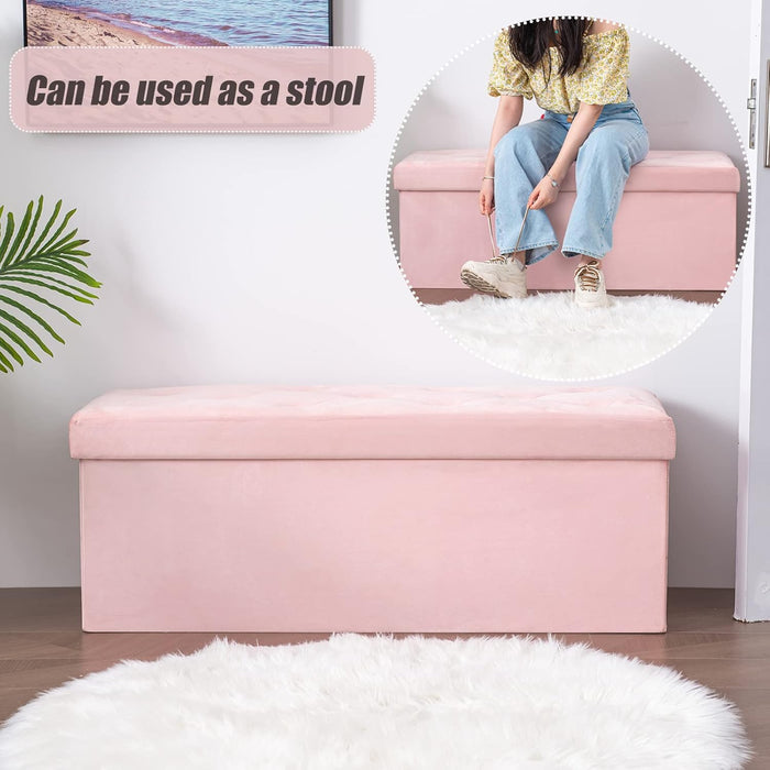 43 Inches Folding Storage Ottoman Bench, Velvet Ottoman with Storage for Living Room, Long Shoes Bench, Flannelette Footrest Benches Seat (Pink)