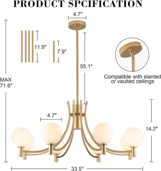 33.5" Large Milk White Glass 8-Light Gold Modern Sputnik Chandelier