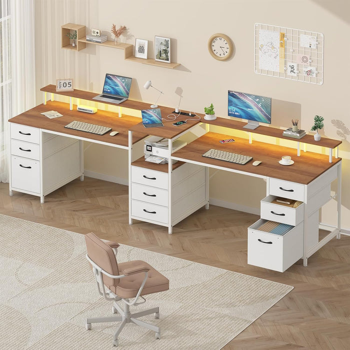 98.4" Long Computer Desk with 9 Drawers, 2 Person Gaming Desk with LED Lights & Power Outlet, Two Person Home Office Desk with Storage, Printer Shelf ＆ Monitor Stand, Brown and White