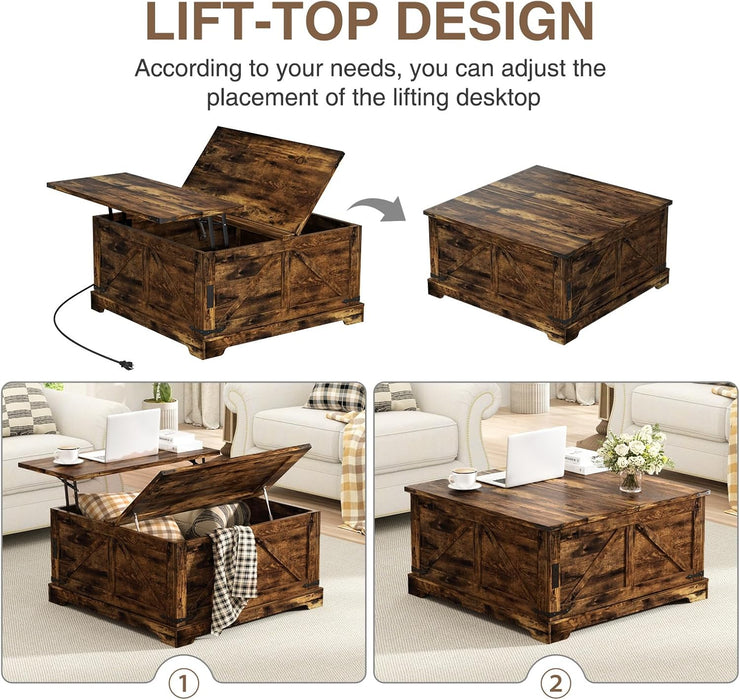 Coffee Table with Hidden Storage, 35.4" W Farmhouse Lift Top Wood Square Center Table with Charging Station, Rustic Cocktail Tables with Flip Top Lids for Living Room, Home Office, Rustic Brown