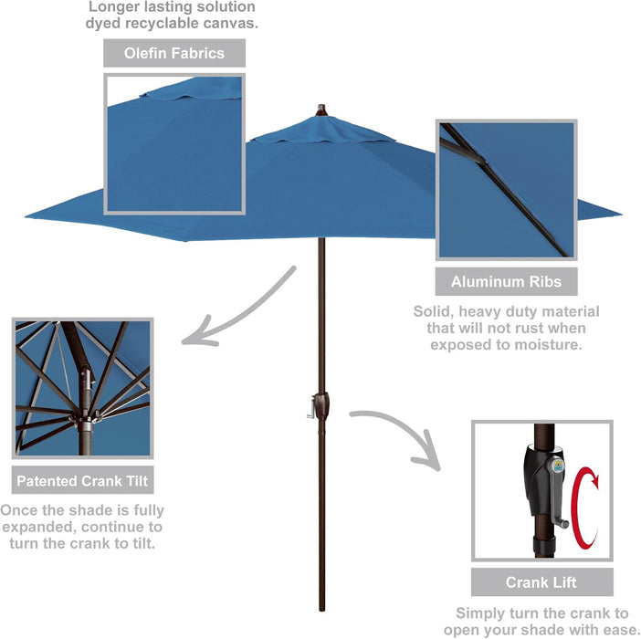 9' round Aluminum Outdoor Deck, Pool or Patio Umbrella, Crank Lift, Auto Tilt, Bronze Pole, Frost Blue Olefin
