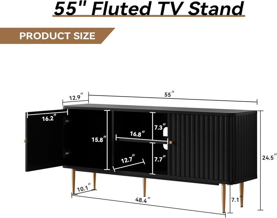 55” Fluted TV Stand, Mid Century Modern Black TV Stand for 55/60/65 Inch TV, Entertainment Center with Storage, Television Stands, TV Console, Media Console for Living Room, Bedroom (Black)