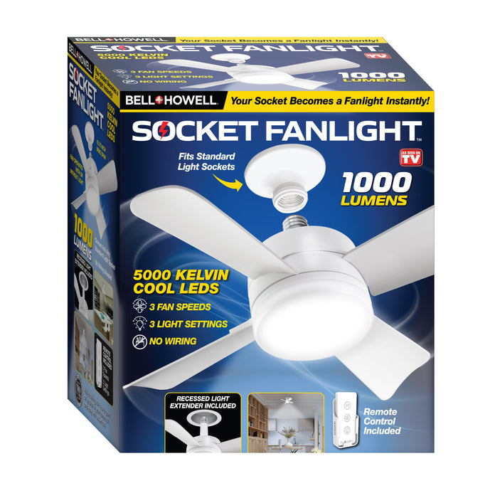 Socket Fan Ceiling Light for Indoor Room 4 Blades 1000 Lumens Warm Light 15" Dia White