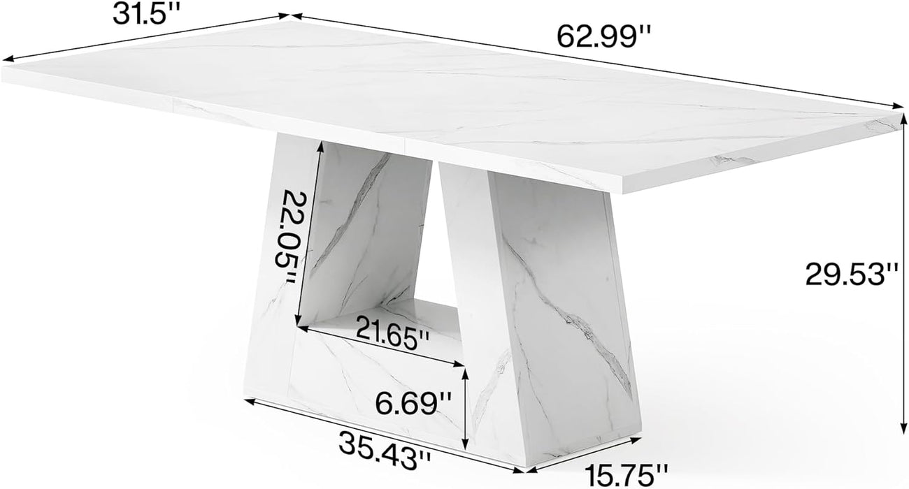 Dining Table for 4-6 People, 63 Inches Dining Room Table with Wooden Triangle Pedestal Base, White Faux Marble Rectangle Dinner Kitchen Table for Dining Room, Kitchen, Living Room