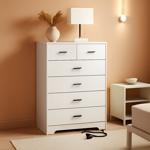 Dresser with Power Outlets Wooden 6 Drawer Dresser with Large Organizer White Tall Storage Organizer with Smooth Metal Rail Modern Chest of Drawers Closet for Bedroom Hallway