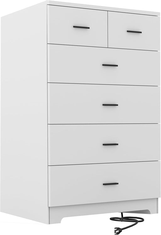 Dresser with Power Outlets Wooden 6 Drawer Dresser with Large Organizer White Tall Storage Organizer with Smooth Metal Rail Modern Chest of Drawers Closet for Bedroom Hallway