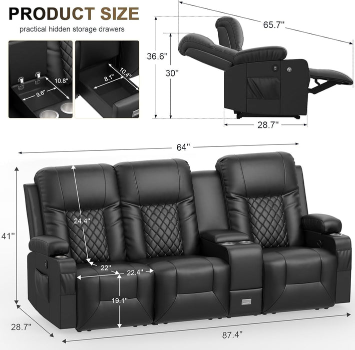 3 Seat Recliner Sofa, Large Reclining Sofa with Storage Console, Manual Reclining Chair with USB Ports, 2 Cell Phone Holder, 3 Seater Loveseat Recliner Couch for Living Room
