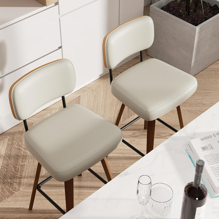 Swivel Bar Stools Set of 2, 26" Upholstered Modern Faux Leather Counter Height Barstools with Walnut Back & Bentwood Legs, Mid Century Bar Chairs Island Stools for Kitchen Counter, Beige Grey
