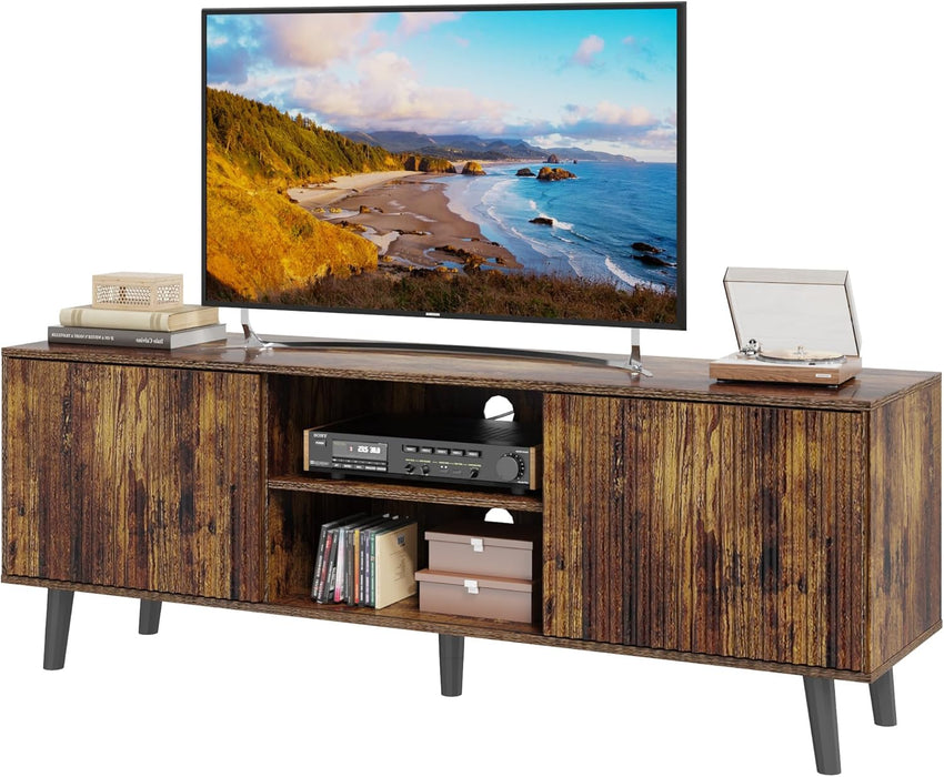 63'' Fluted TV Stand for 70 Inch TV, Modern Entertainment Center with Sliding Doors & Storage Cabinet, Mid Century Media TV Console for Living Room, Brown