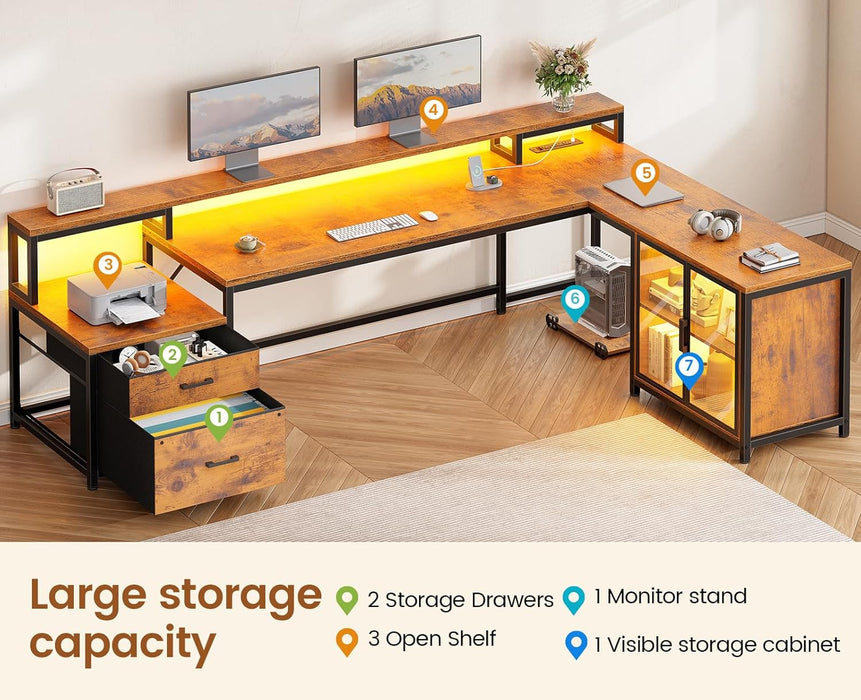 78.7” Large L Shaped Desk with Storage Drawers, Office Desk with File Drawer and Display Cabinet, L Shaped Gaming Desk with Storage, Power Outlet and LED Lights for Home Office, Rustic Brown