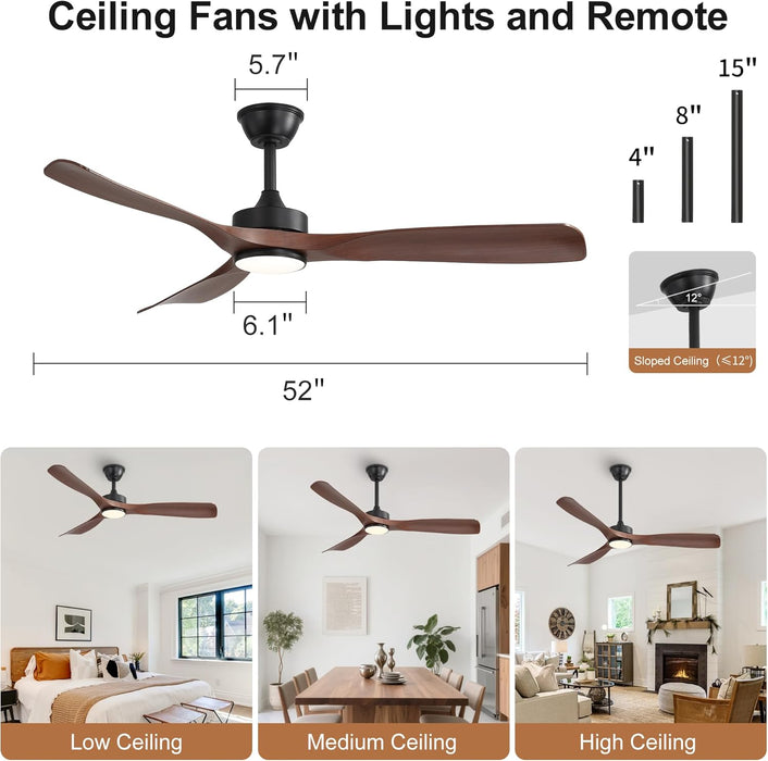 52 Inch Modern Ceiling Fan with Light and Remote & APP Control, ABS Ceiling Fan with 3 Blades and Downrods, Reversible Quiet DC Motor, Farmhouse Ceiling Fan for Bedroom Living Room Patio Porch