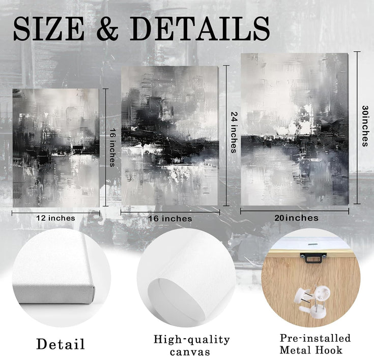 Triptych Abstract Black White Gray Wrapped Canvas Wall Art 16X24 in | Gallery Wrapped Canvas, UV Fade-Resistant Ink, Modern Minimalist, Ready to Hang, Living Room Office Decor, Housewarming Gift