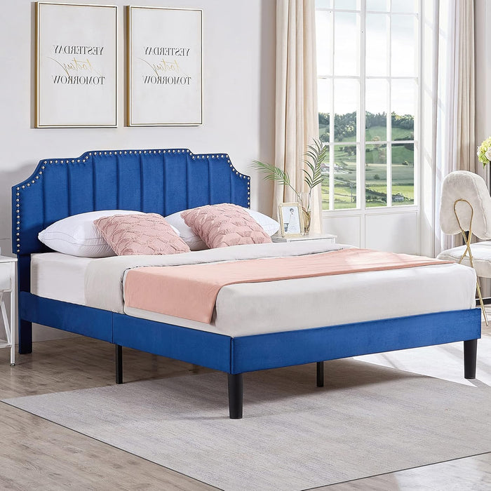 Full Upholstered Platform Bed Frame with Tufted Adjustable Headboard/Mattress Foundation/Wood Slat Support,Easy Assembly,Navy Blue