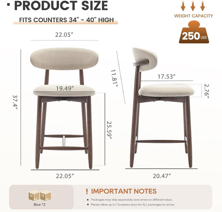 Counter Height Bar Stools Set of 3, Kitchen Bar Stools with Back, Mid Century Modern Upholstered Barstools with Wood Legs for Kitchen Island Dining Room, Beige