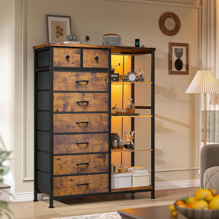 Dresser with LED Lights & Power Outlets, 8 Drawers, 54" H, Brown