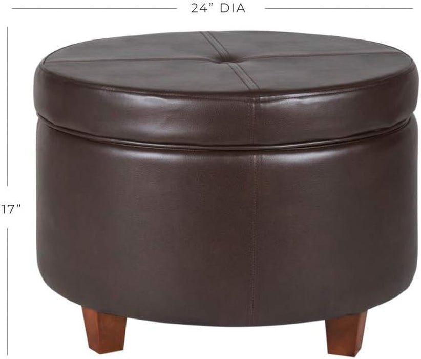 round Leatherette Storage Ottoman with Lid, Chocolate Brown Large