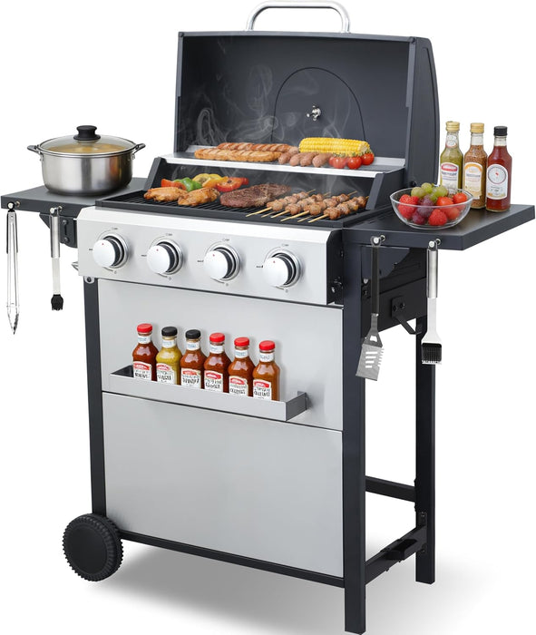 Stainless Steel 4-Burner Propane Gas Grill – 40,000 BTU Output, Porcelain-Enamel Grates, Even Heating System & Easy Grease Management for Backyard Patio BBQ Parties