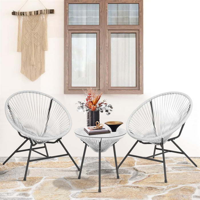 Acapulco Patio Bistro Set 3-Piece Outdoor Furniture Set All-Weather Woven Rope Patio Conversation Set with Glass Top Table and 2 Chairs (White)