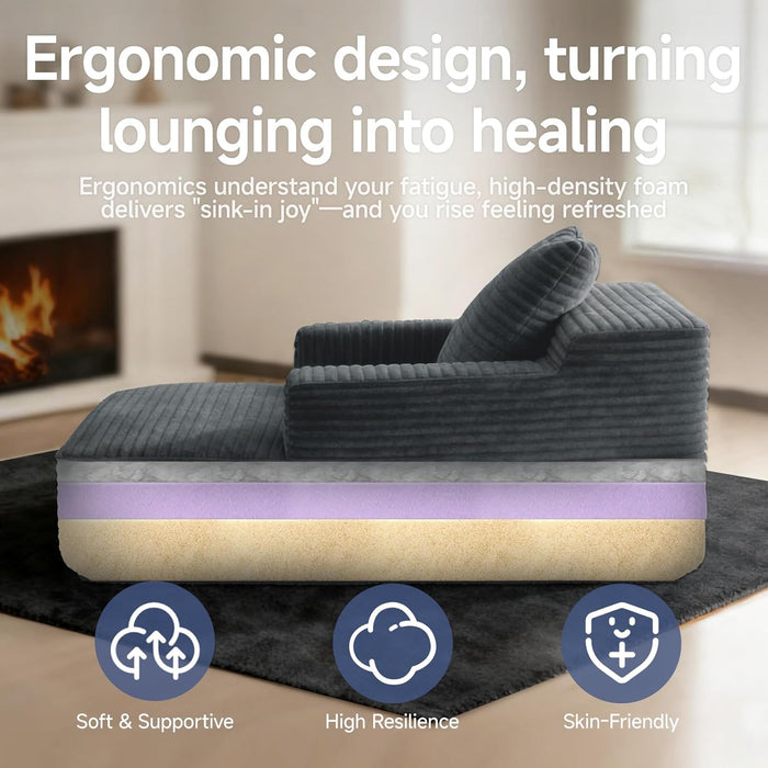 Compact 46-Inch Dark Grey Corduroy Chaise Lounge