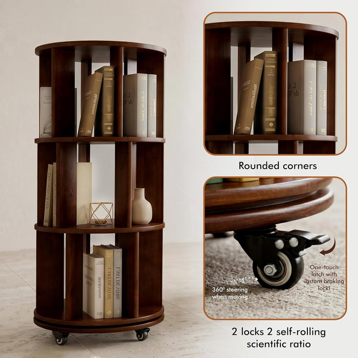 3-Tier 360° Rotating Rubber Wood Bookshelf with Wheels, Spinning Book Shelf | round Wooden Revolving Bookcase for Bedroom Small Space Home Office, Walnut