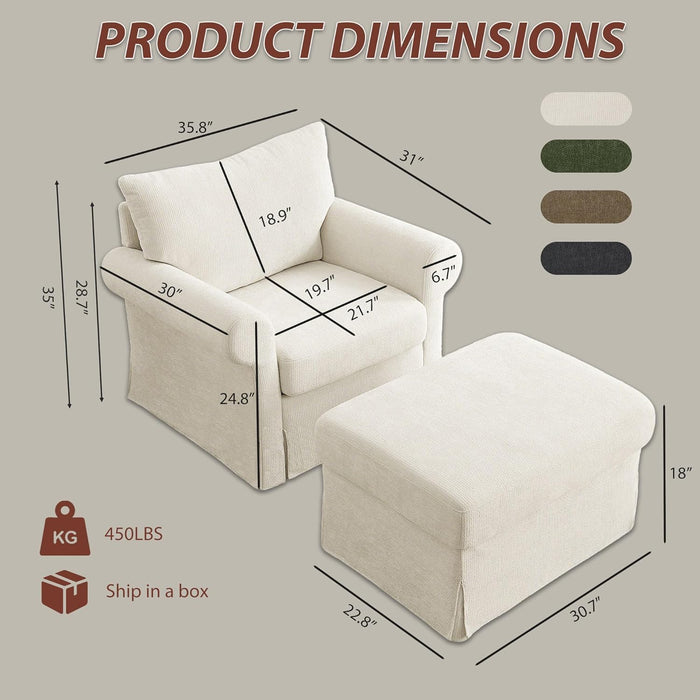 Modern Accent Chairs with Ottoman Set, Comfy Chenille Reading Armchair with Rolled Arms and Cushion Backrest, 35.8" W Single Living Room Chairs for Bedroom, Study, Apartment, Beige