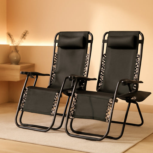 Set of 2 Relaxing Recliners Patio Chairs Adjustable Steel Mesh Zero Gravity Lounge Chair Beach Chairs with Pillow and Cup Holder Black
