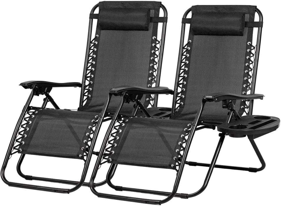 Set of 2 Relaxing Recliners Patio Chairs Adjustable Steel Mesh Zero Gravity Lounge Chair Beach Chairs with Pillow and Cup Holder Black