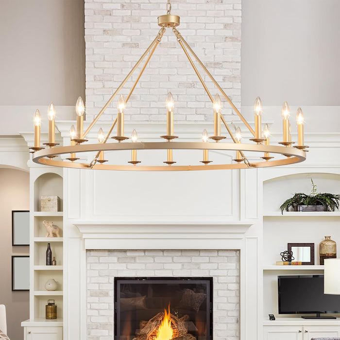 Gold Wagon Wheel Chandelier 48-Inch 20-Light,Extra Large Circle Rustic Farmhouse Light Fixture,Round Metal Chandeliers for Foyer Entryway Dining Room Living Room High Ceilings (E12 Base)