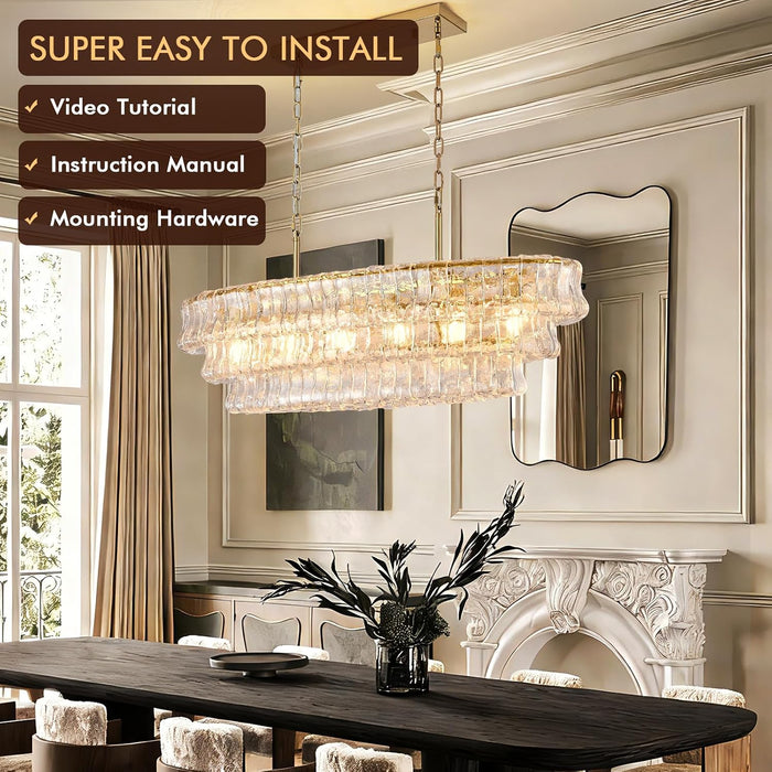 39In Large Chandelier Gold, Modern Dining Room Light Fixtures, 3 Layer Luxury Glass Chandelier 6 Light Rectangular Chandeliers for Dining Room Kitchen Island Living Room (Clear Glass)