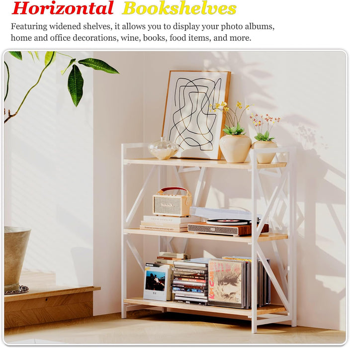 No Assembly Wide Folding Bookshelf, 34" H X 30.9" W, 3 Tier Foldable Book Shelf Industrial Bookcase, Vintage Collapsible Storage Shelves for Home Office Living Room Bedroom, Light Oak White